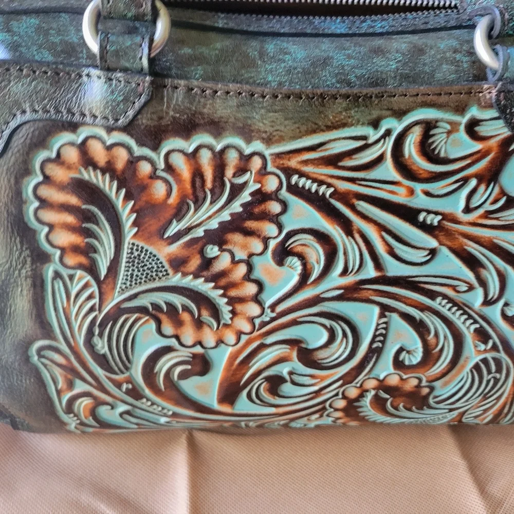 Patricia Nash Green and Brown Purse Bag with Ornate Design Western Country - Picture 5 of 6